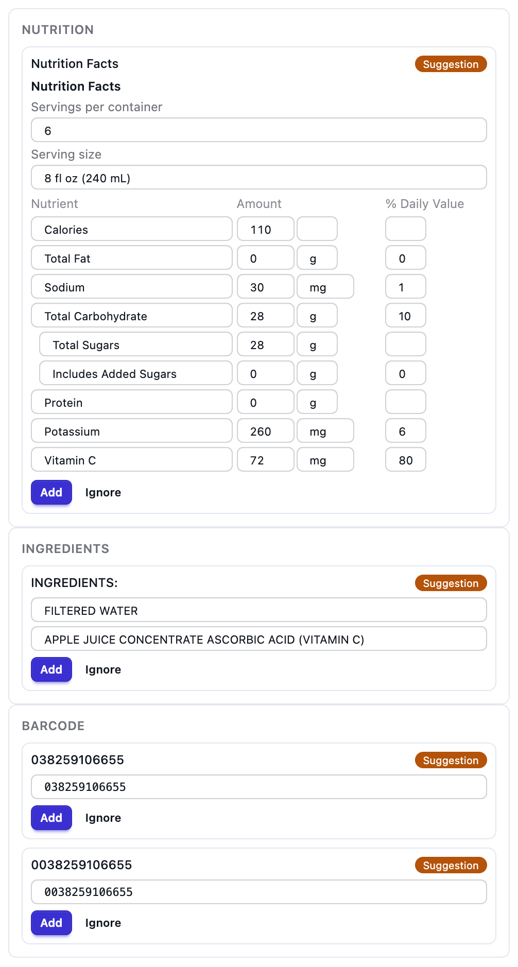 The Content tab of a label: a nutrition facts table, an ingredients list and a barcode number, each still a suggestion with Add and Ignore