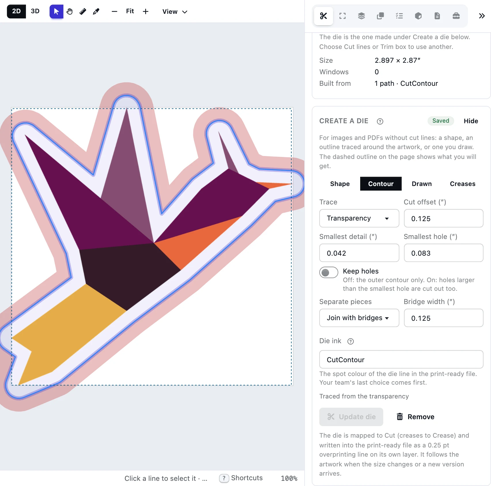 Create a die tracing a contour around a logo's transparency, 1/8 in out from the artwork