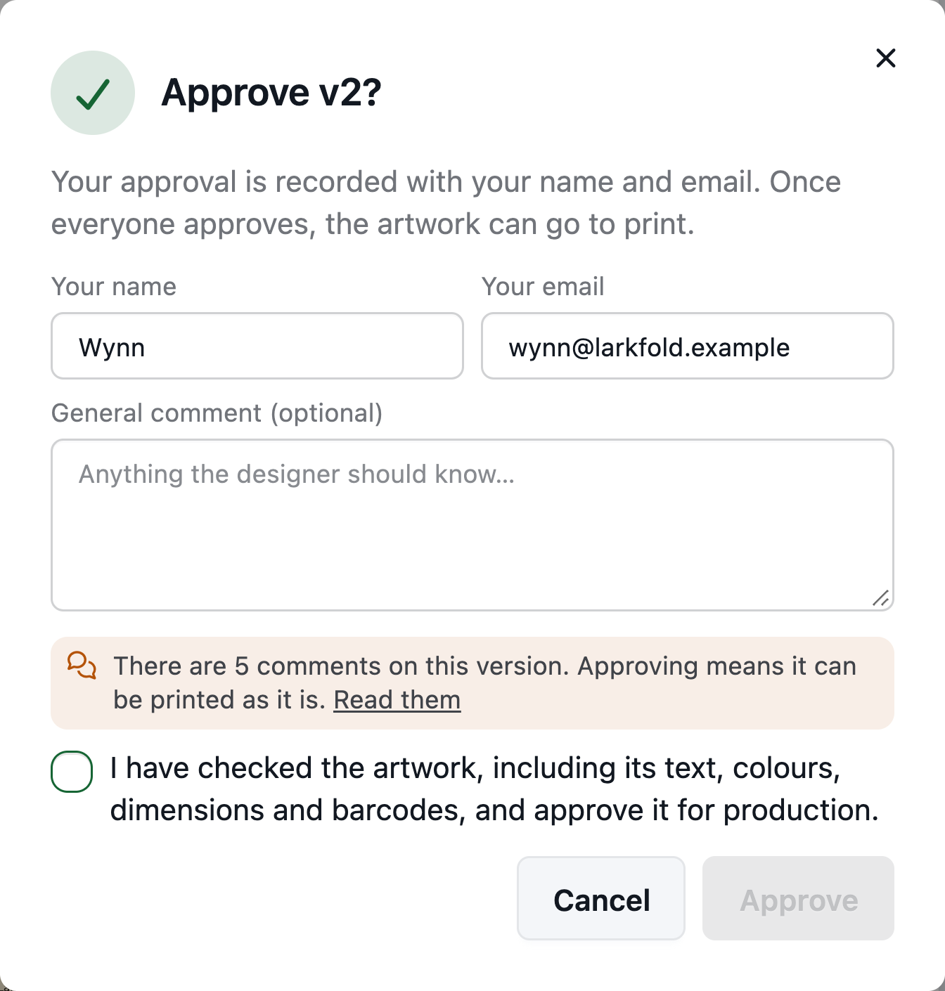 The Approve dialog with the reviewer's name and email and the confirmation to tick
