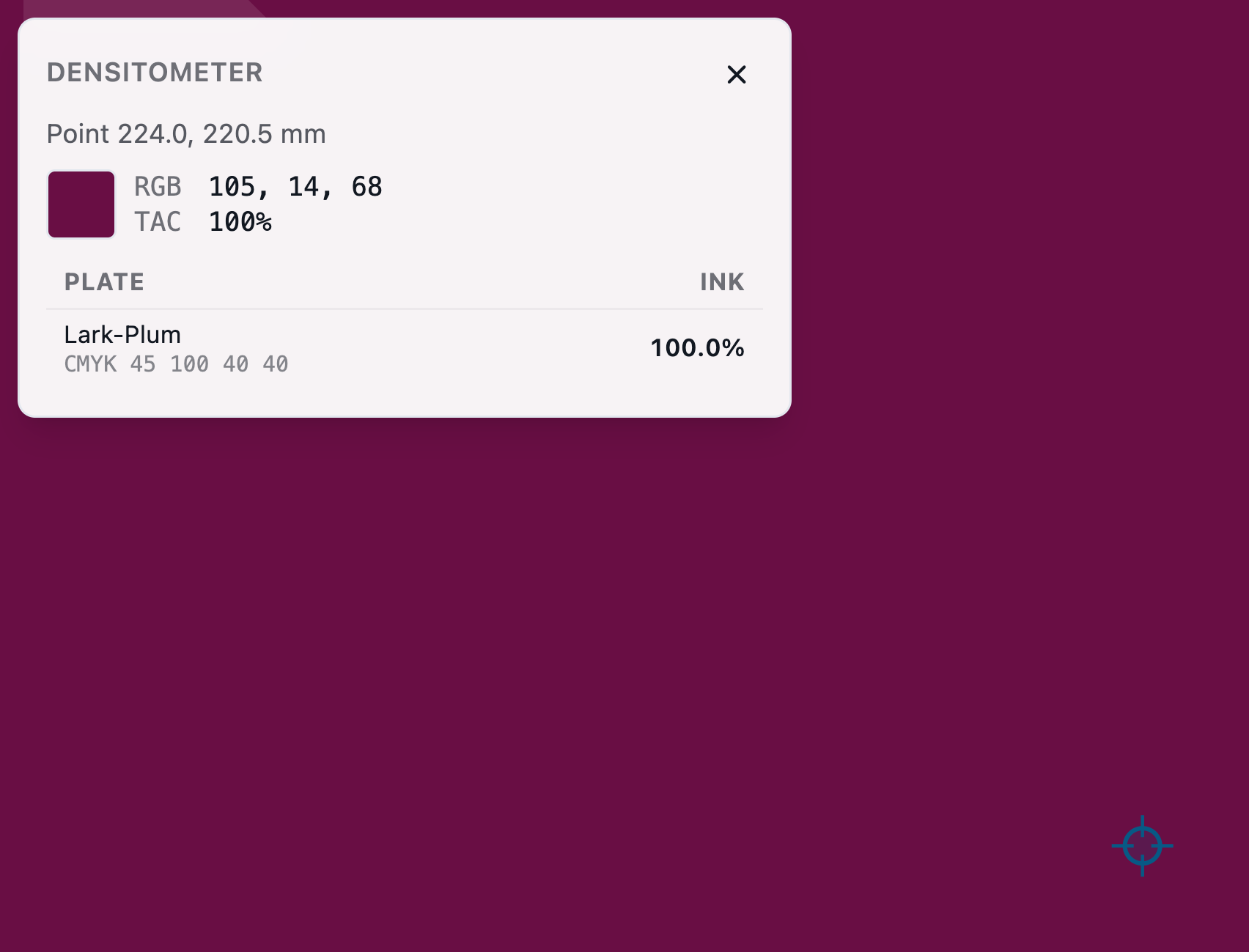 A densitometer reading on a plum flood: each plate, the total ink and the spot's defined build