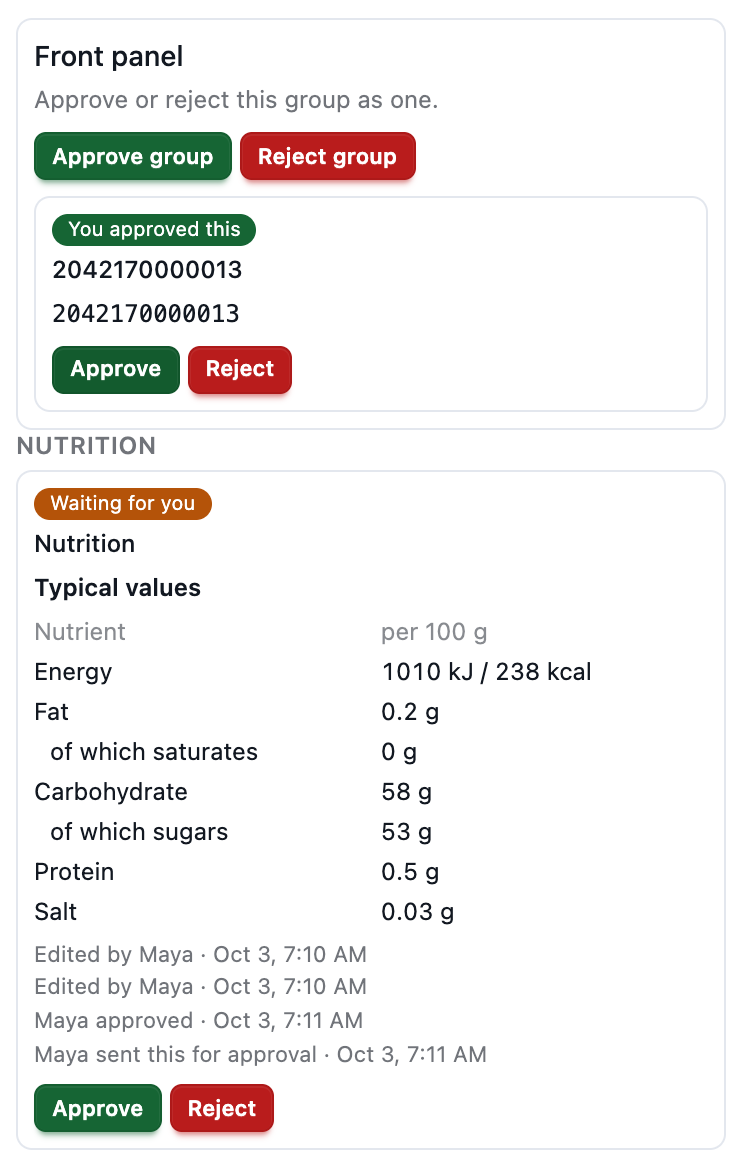 The proof's Content tab: a named group and a nutrition table the customer can approve or reject