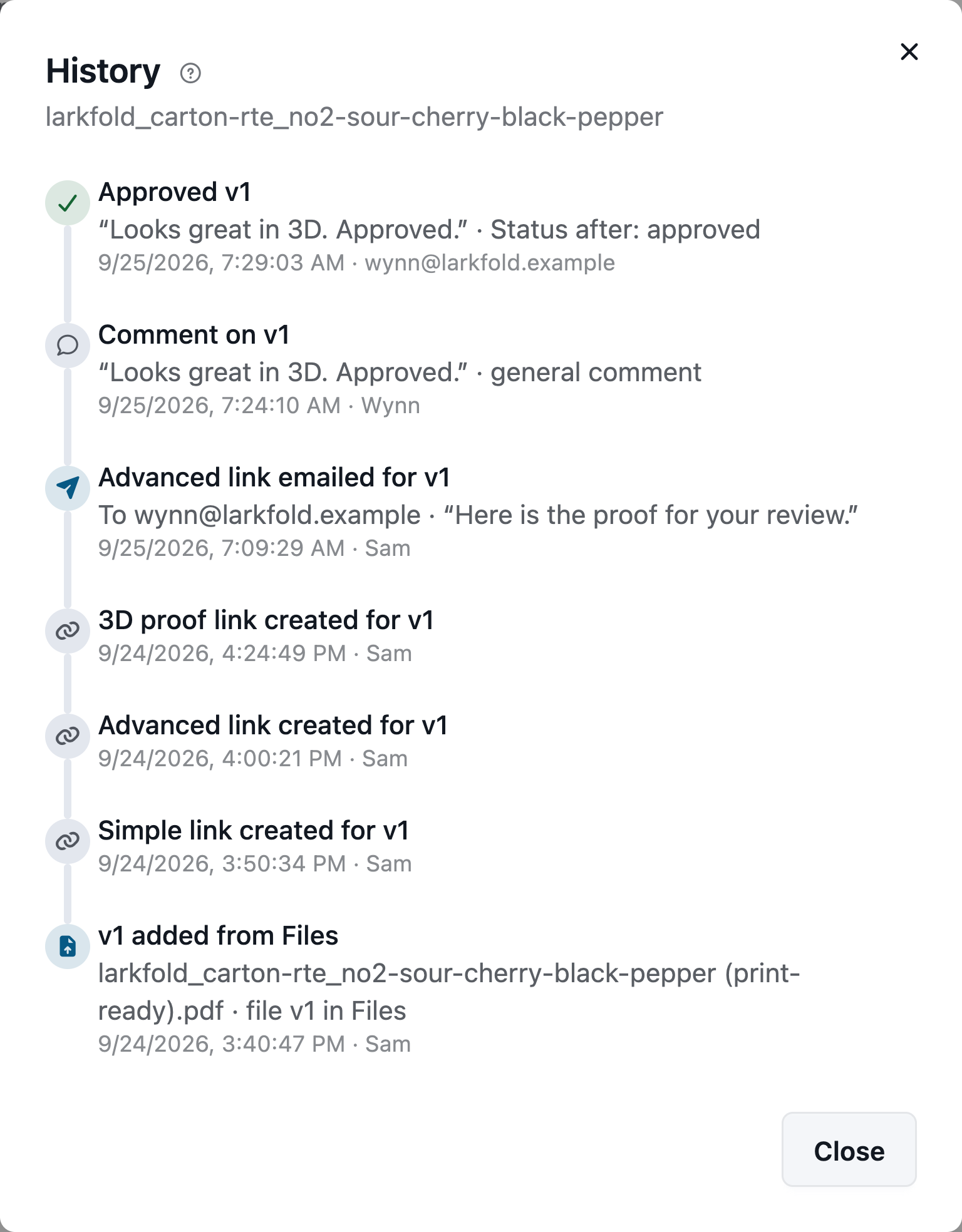 The History dialog of an approved carton: the approval, its comment and the status after it