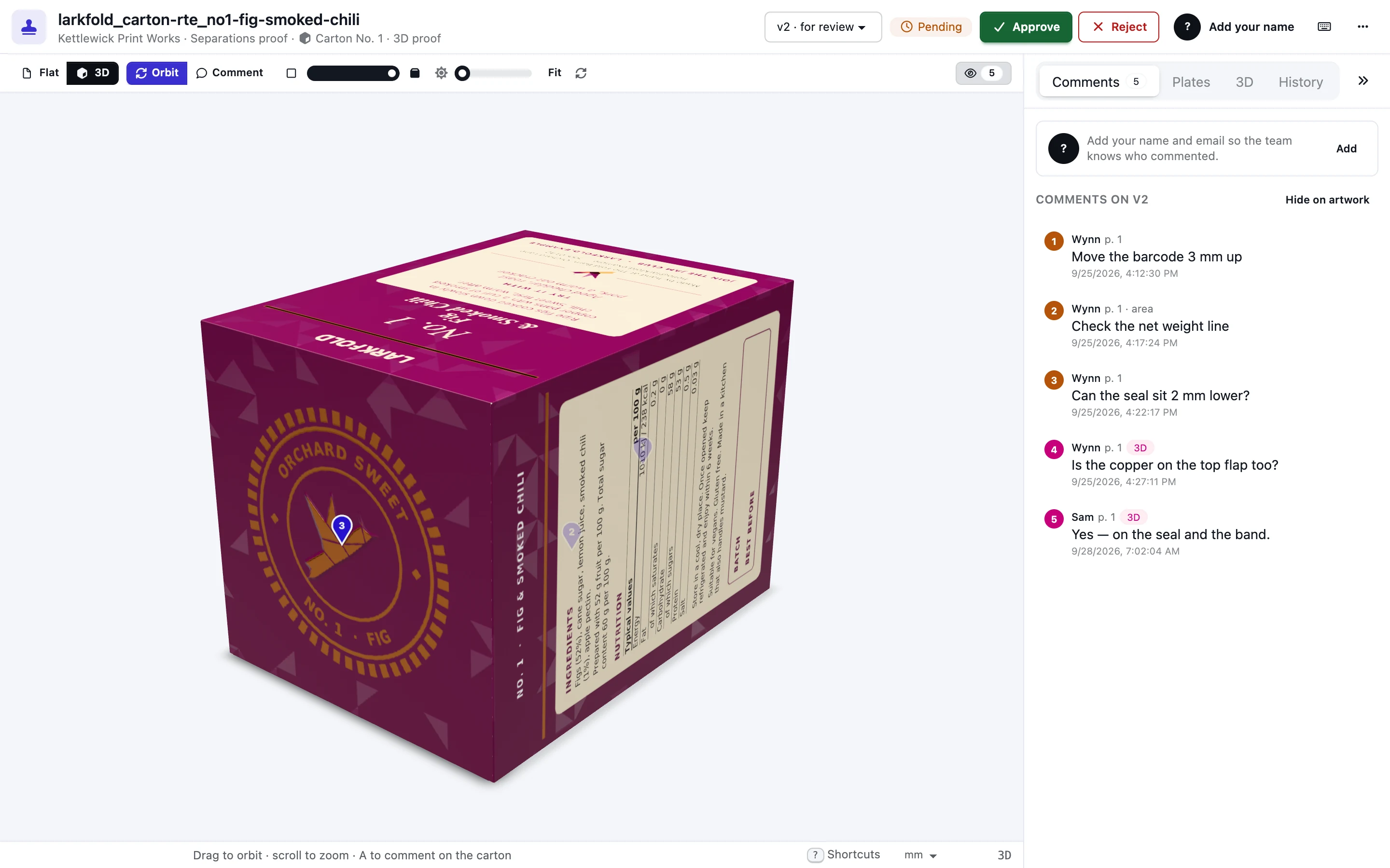 The carton folded in 3D on the proof page, with copper foil on the seal and band
