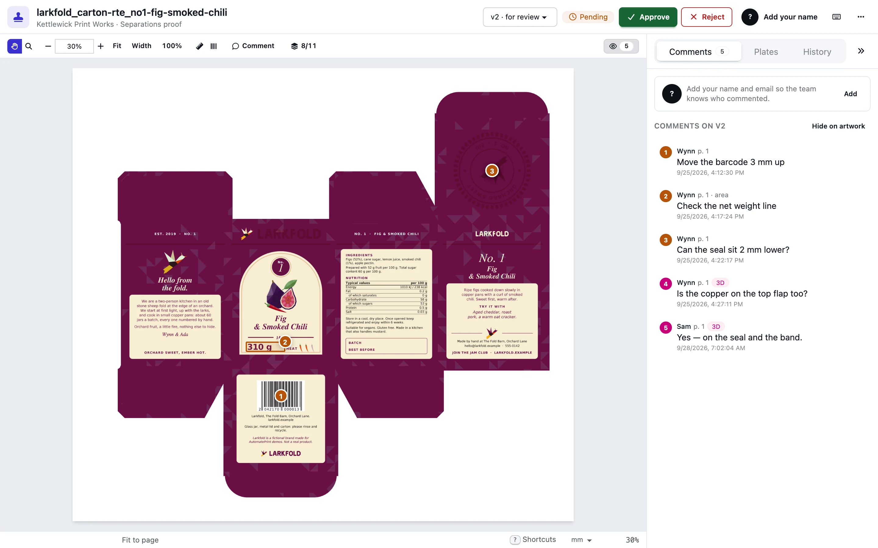 A carton proof on a Simple link: the PDF, the comments and the Approve button