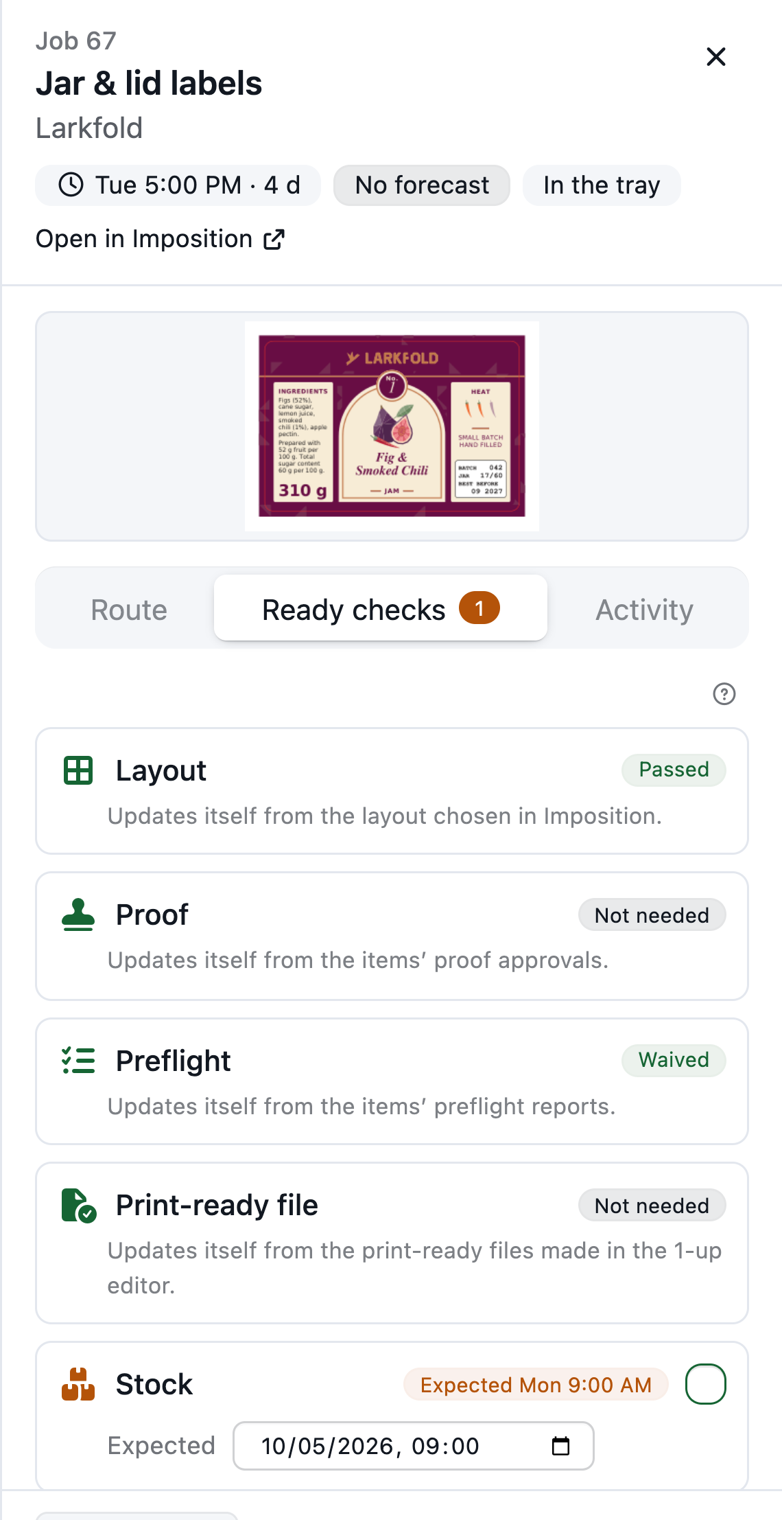 Ready checks tab of a label job: each check with its state, and where the automatic ones come from