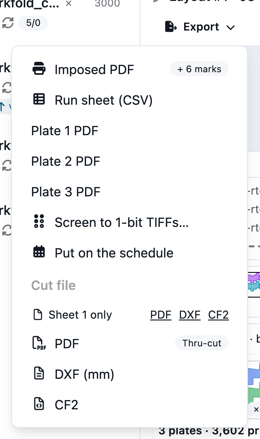 Export menu of an imposition job with Put on the schedule under the imposed PDF and the cut files