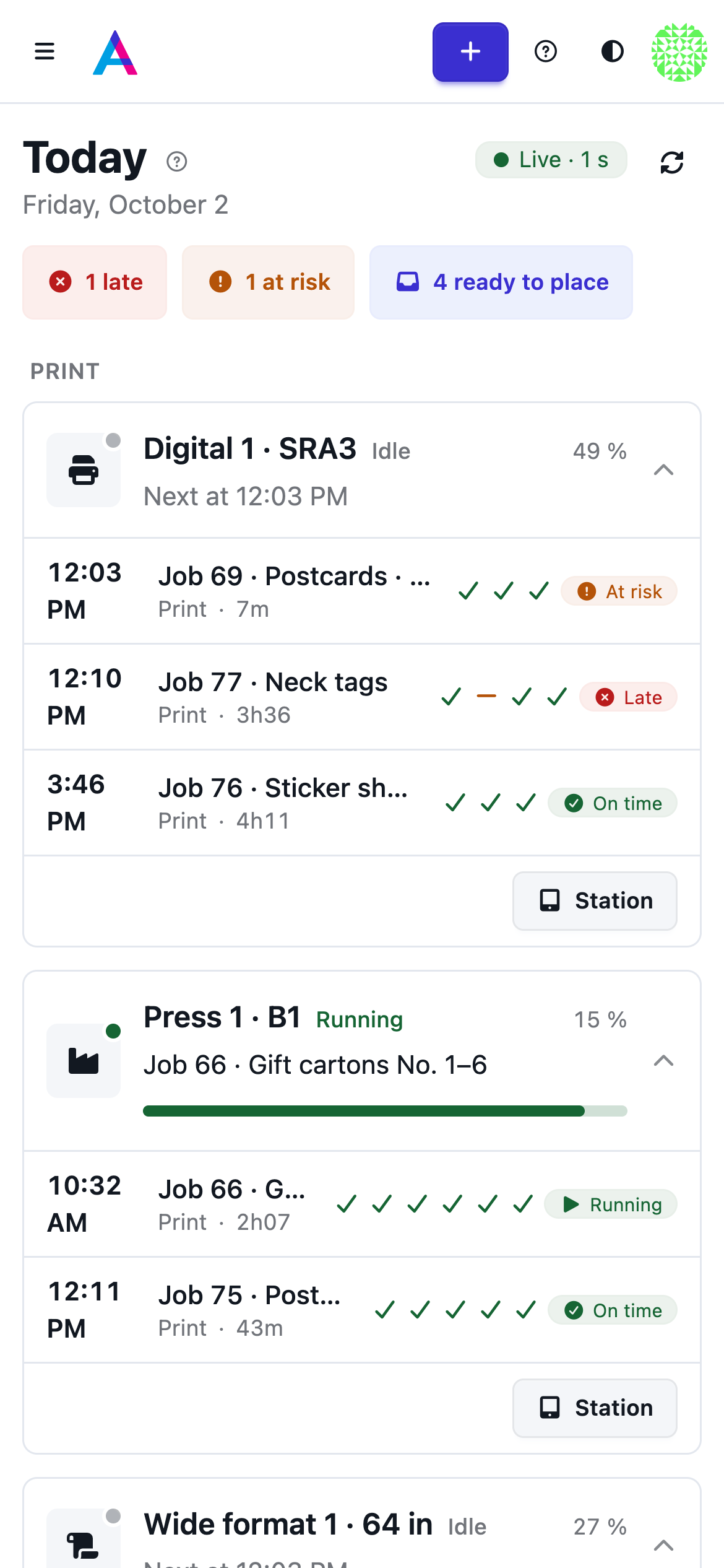 Today on a phone: late and at-risk counts, then a card per machine with what it runs now and next