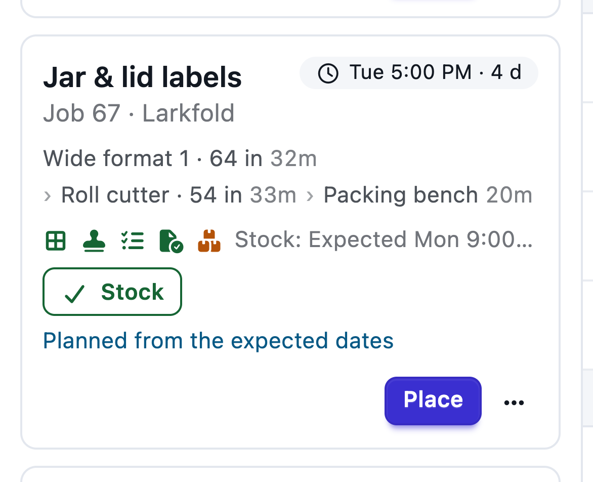 Tray card of a label job under Waiting: its due date, its route of steps and the ready checks it waits on