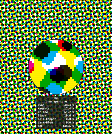 The plate viewer: a loupe with the pixel grid over the screened label, the moiré check on