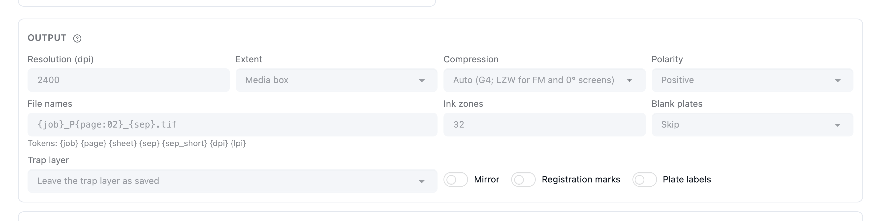 A screening job's Output settings: resolution, file names, compression, labels and marks